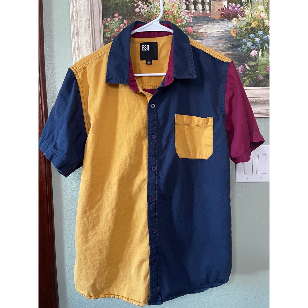 RSQ Collective Boys Shirt Block Head Button Down Multi Patchwork Size Large Used